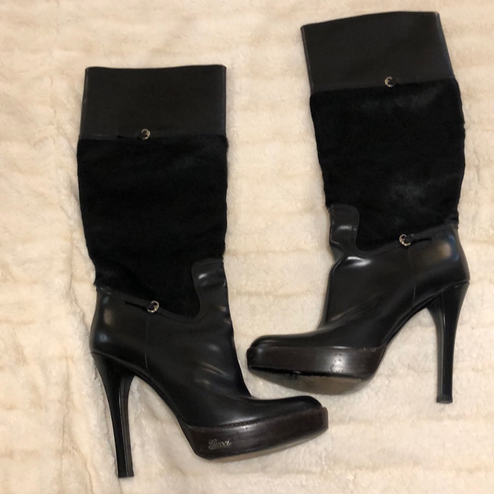 Authentic Gucci black fur high heel boots